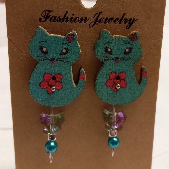Home Made Handmade Wood & Metal Cat Turquoise & Pink Button Earrings #43 - Picture 7 of 8